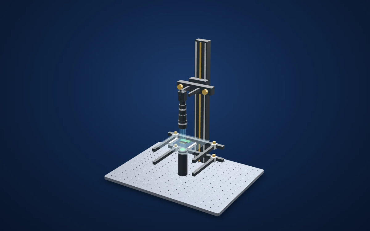 3D illustration of the inspection setup: Connector pin height in side view with a 0.438x telecentric lens