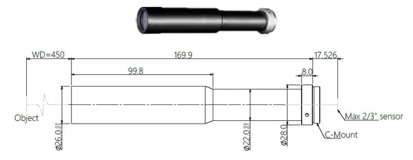 Object-side telecentric lens, 0.6x, 450 mm WD, 2/3"
