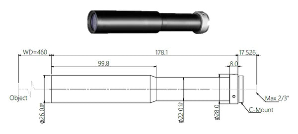 Object-side telecentric lens, 0.7x, 460 mm WD, 2/3"