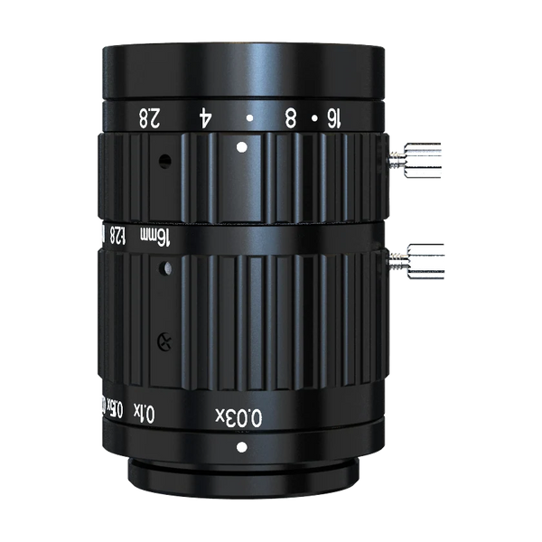 16 mm, F2.8, 1.1", C-mount, Macro lens (52 mm (-0.25X) to 546 mm (-0.03X))