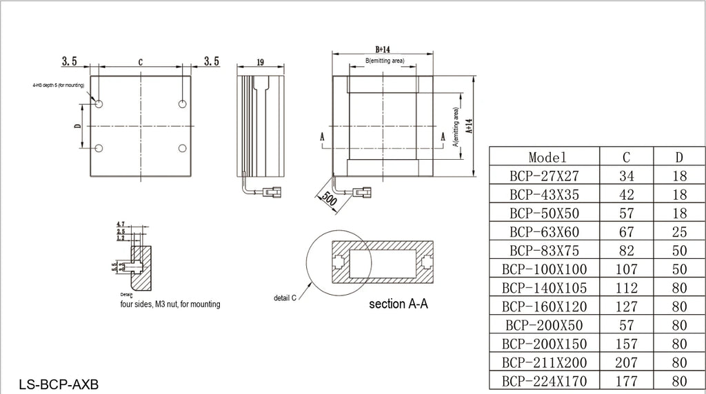 LS-BCP-120X120 dimensions (mm)