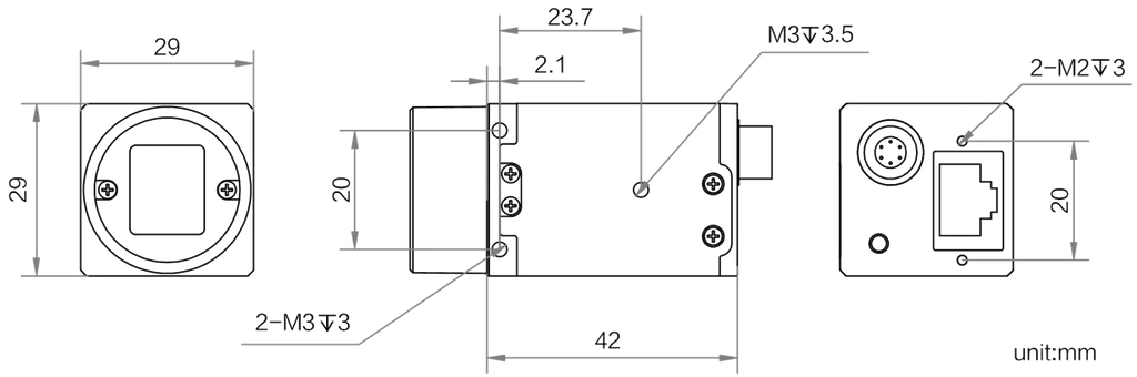 CU Series GigE Area Scan Cameras dimensions (mm)