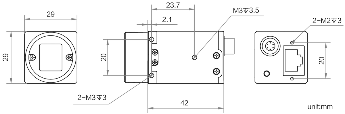 CU Series GigE Area Scan Cameras dimensions (mm)