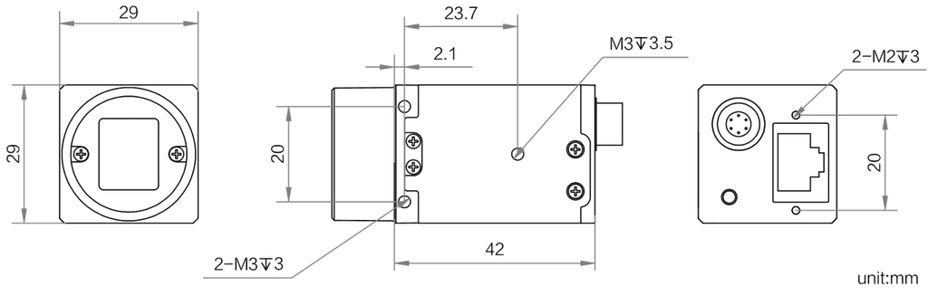 CU Series GigE Area Scan Cameras dimensions (mm)