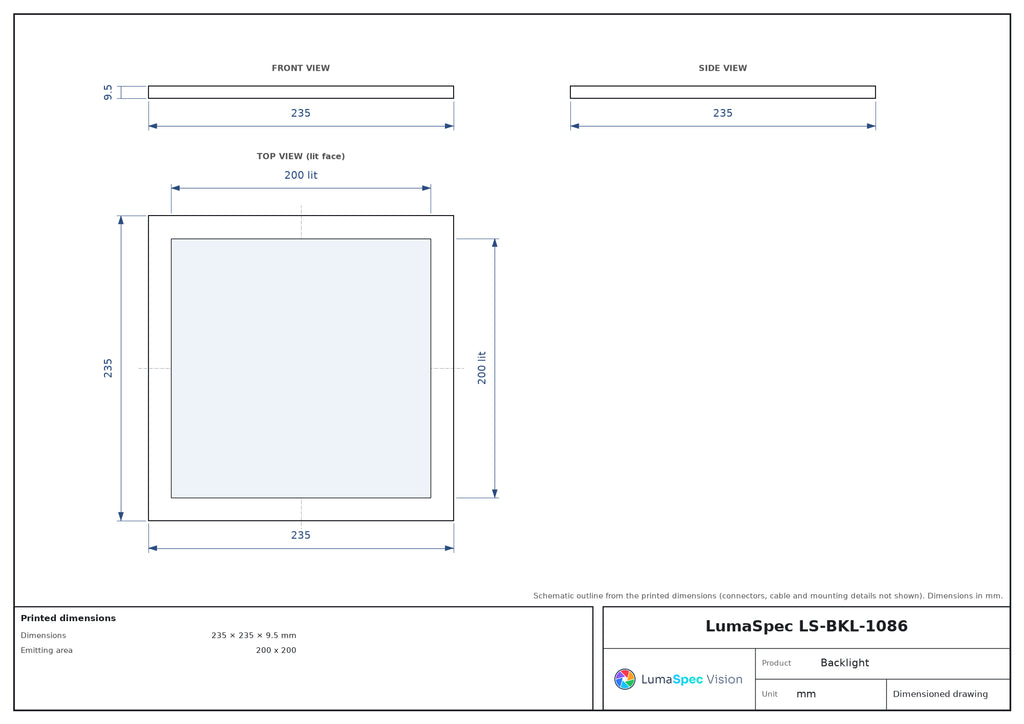 200 x 200 mm edge-lit flat light with centre opening