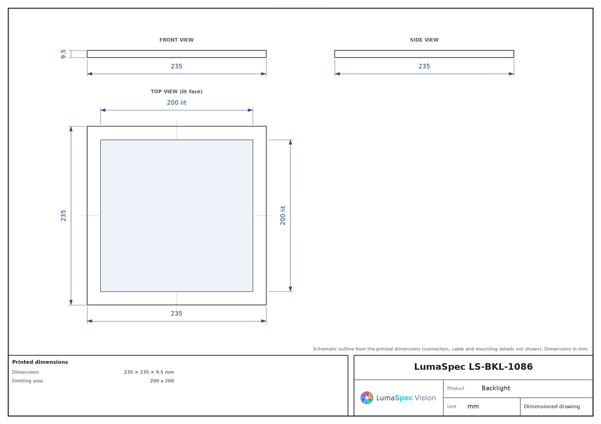 200 x 200 mm edge-lit flat light with centre opening