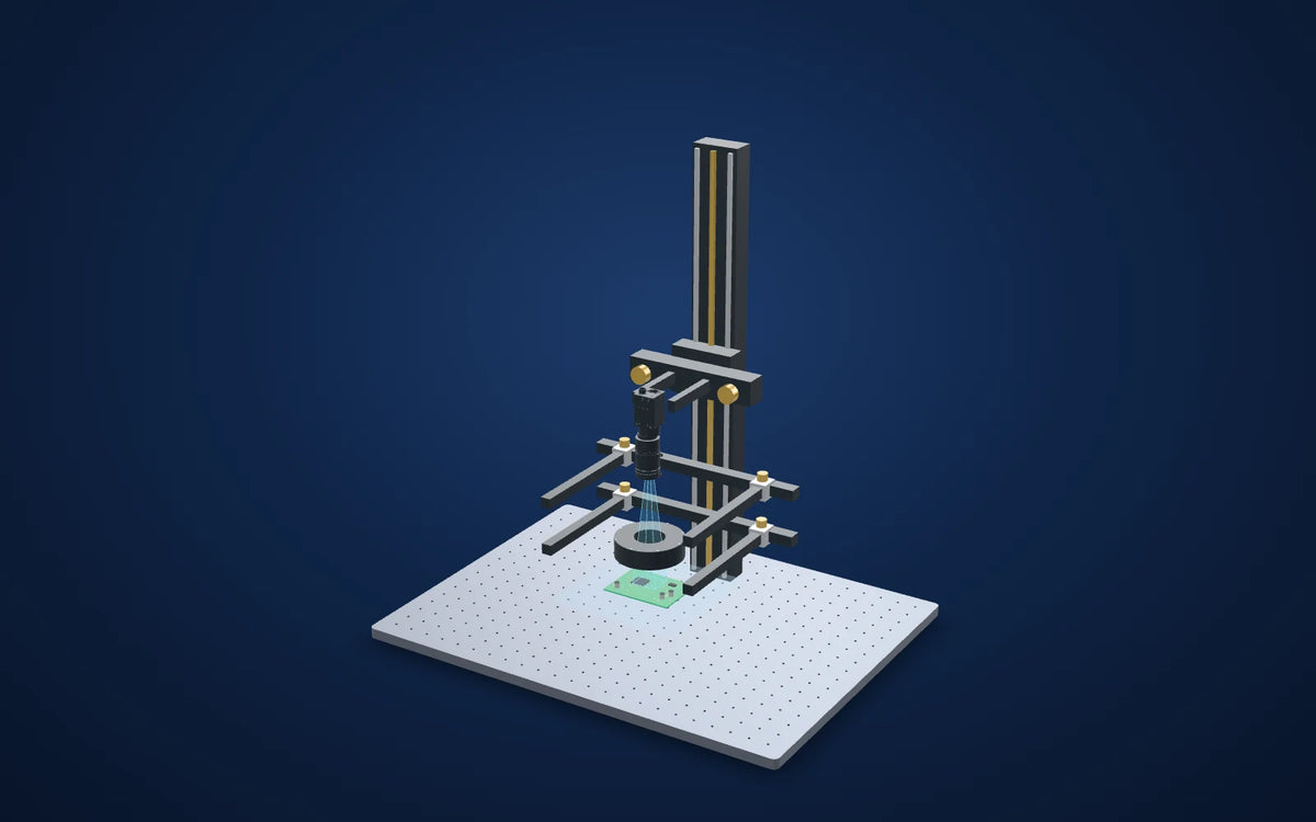 3D illustration of the inspection setup: Printed PCB reference markings under diffuse ring light