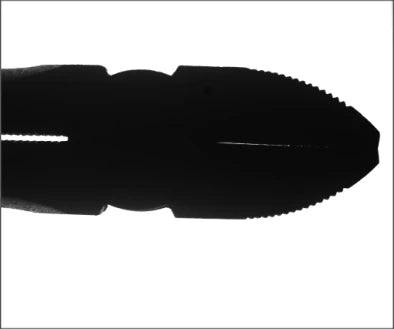 Source blue-backlight capture showing the dark tool-tip silhouette and a faint narrow line between the jaws.