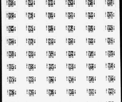 Source white-bar capture: repeated small two-dimensional marks and adjacent identifiers across a label sheet.