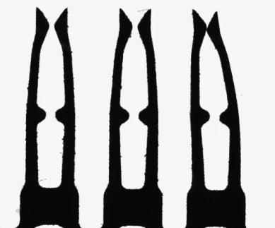 Source monochrome capture of three stamped fork contacts in silhouette on a parallel backlight: fine burrs and rough edges along the prongs and tips. Complete capture, not retouched.