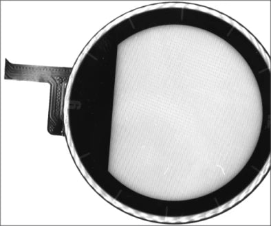 Source capture of a round watch display module with its flex tail under a 940 nm infrared coaxial light. Complete capture, not retouched.