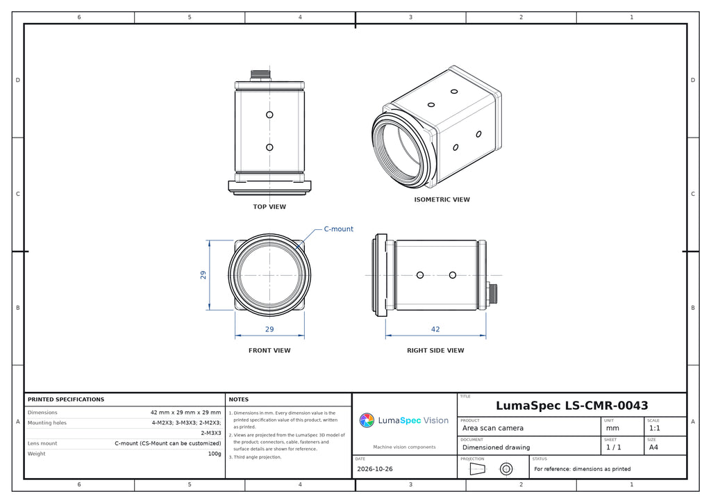 5 MP GigE area scan camera, IMX264, 2/3" global shutter, 24.2 fps (35.6 fps compressed)