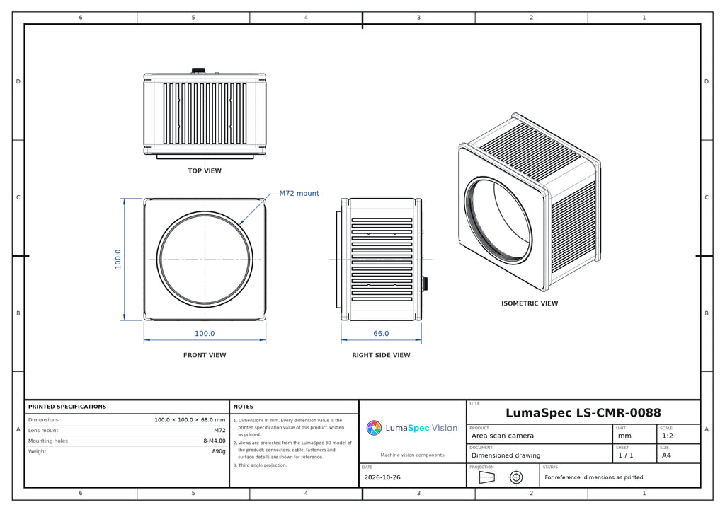 150.7 MP Camera Link area scan camera, IMX411, rolling shutter, 5.1 fps, M72
