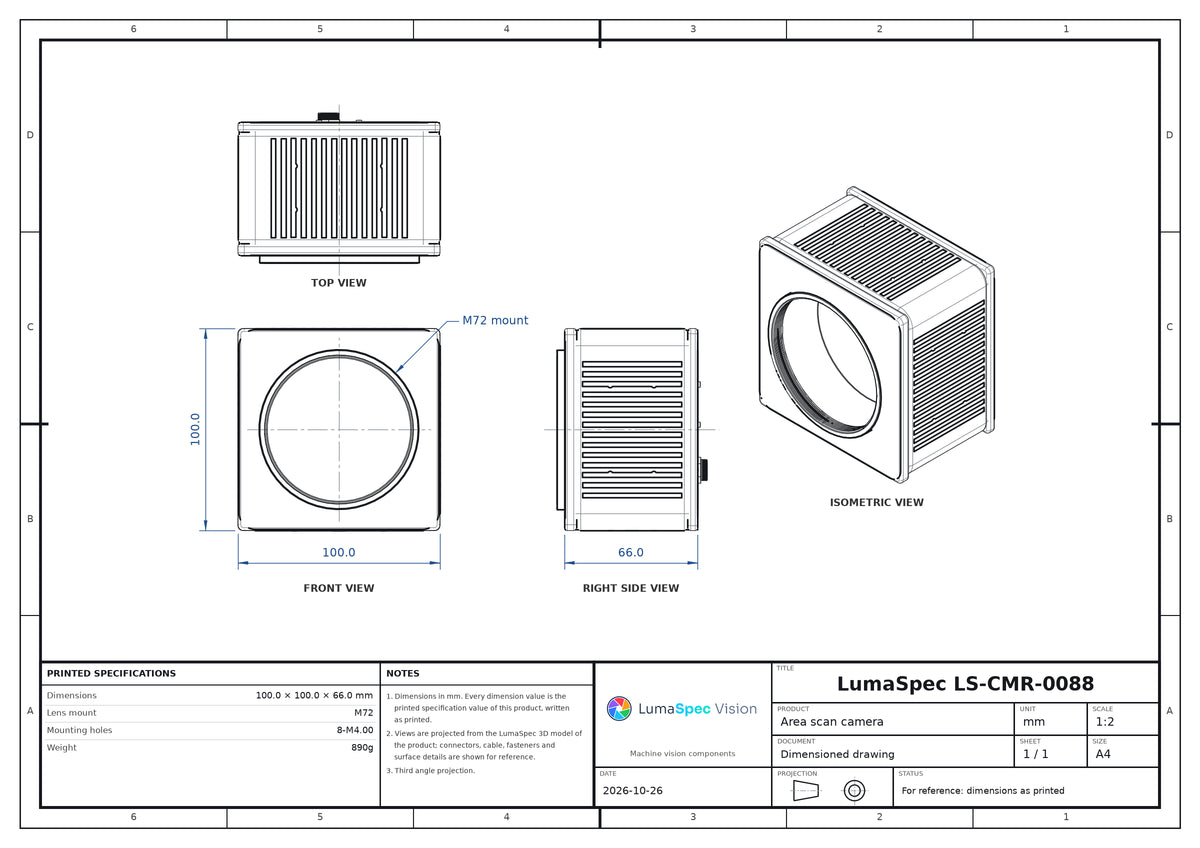 150.7 MP Camera Link area scan camera, IMX411, rolling shutter, 5.1 fps, M72 (LS-CMR-0088)