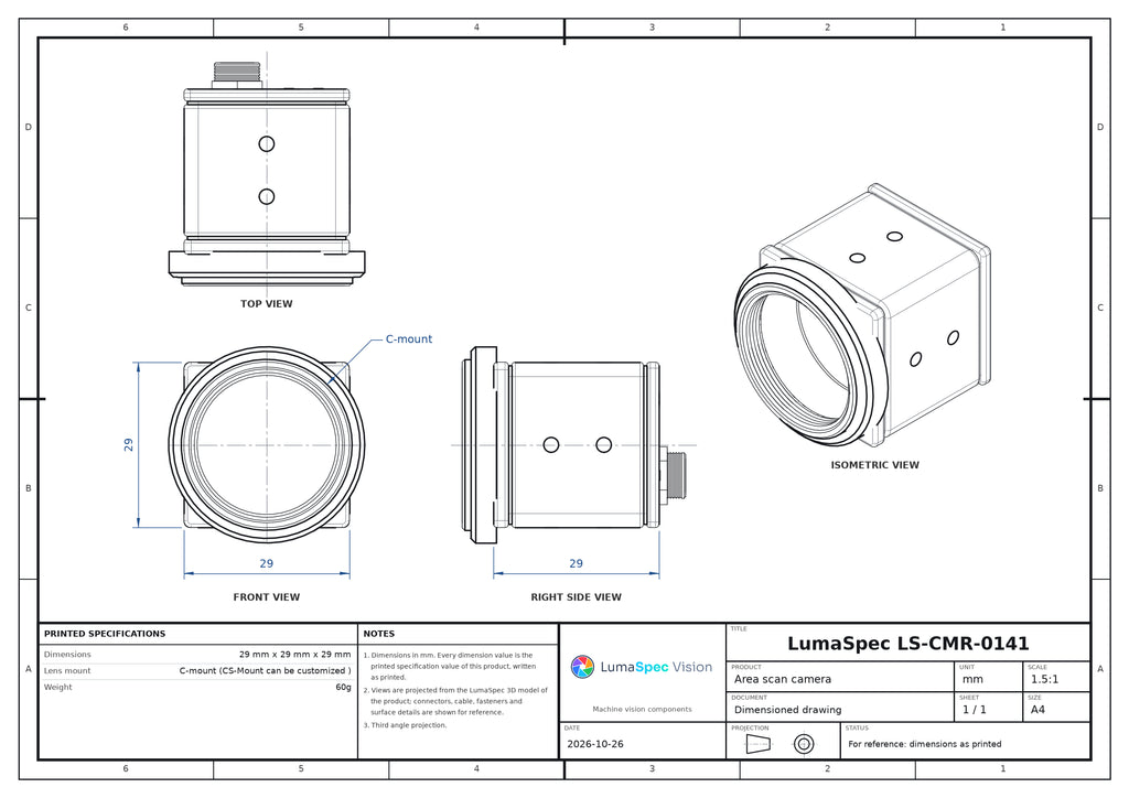 5.3 MP USB3 area scan camera, XGS5000, 2/3" global shutter, 43 fps