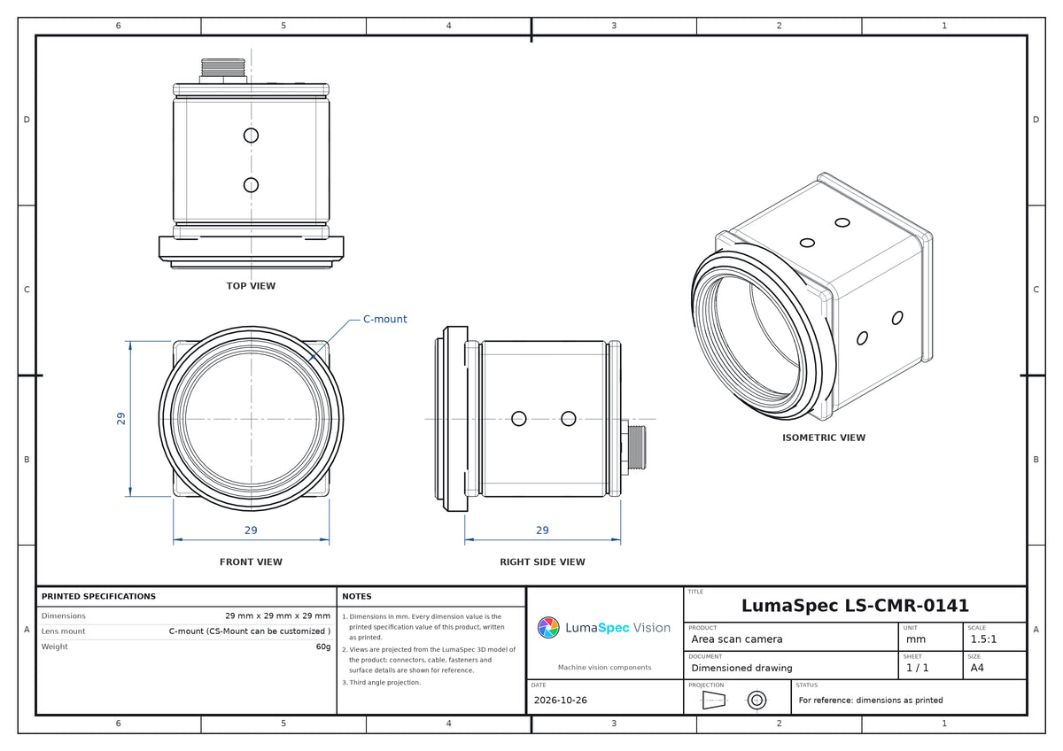 5.3 MP USB3 area scan camera, XGS5000, 2/3" global shutter, 43 fps (LS-CMR-0141)