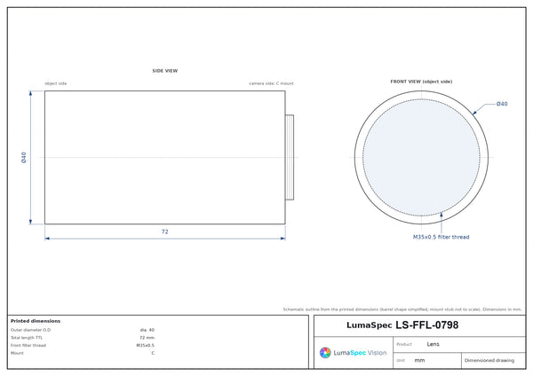 1/2", C-mount machine vision lens, 0.12x, WD 300 mm, length 72 mm