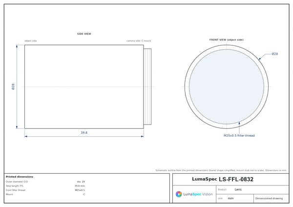 1/1.8", C-mount machine vision lens, 0.2x, WD 155 mm, length 39.8 mm