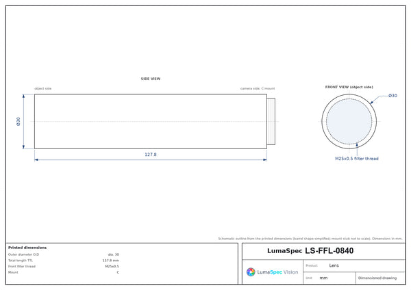 1/1.8", C-mount machine vision lens, 0.25x, WD 400 mm, length 127.8 mm