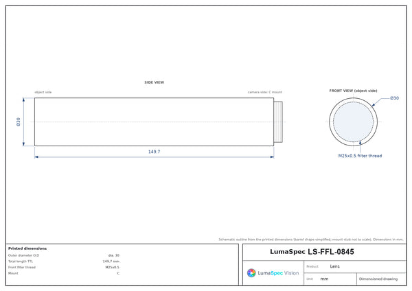 2/3", C-mount machine vision lens, 0.5x, WD 150 mm, length 149.7 mm