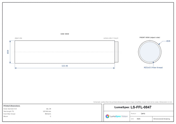 2/3", C-mount machine vision lens, 0.15x, WD 680 mm, length 122.46 mm
