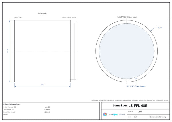 1/2.5", C-mount machine vision lens, 0.2x, WD 140 mm