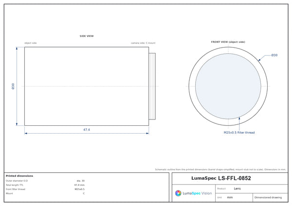 1/2.5", C-mount machine vision lens, 0.2x, WD 150 mm