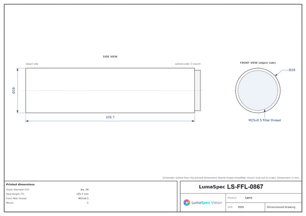 1/2.5", C-mount machine vision lens, 0.14x, WD 460 mm