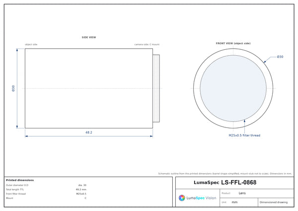 1/2.5", C-mount machine vision lens, 0.15x, WD 200 mm
