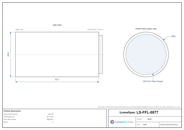 1/2.5", C-mount machine vision lens, 0.26x, WD 110 mm