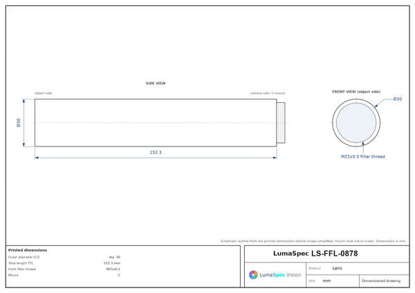 1/2.5", C-mount machine vision lens, 0.35x, WD 330 mm