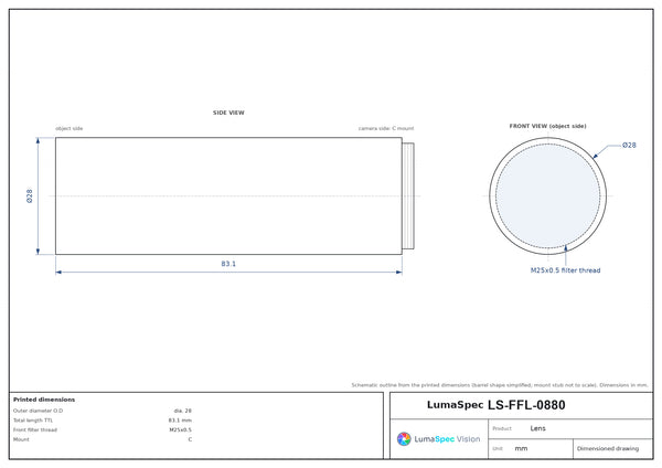 1/2.5", C-mount machine vision lens, 0.095x, WD 580 mm