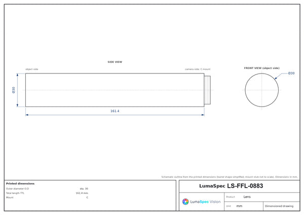 4/3", C-mount machine vision lens, 0.4x, WD 300 mm, length 161.4 mm
