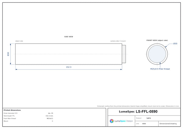 4/3", C-mount machine vision lens, 0.35x, WD 330 mm, length 152.3 mm