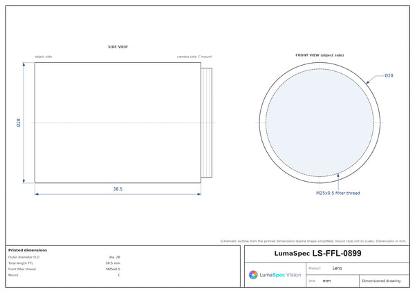 2/3", C-mount machine vision lens, 0.1x, WD 290 mm, length 38.5 mm