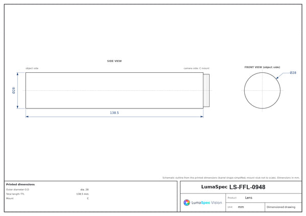 2/3", C-mount machine vision lens, 0.6x, WD 300 mm, length 138.5 mm