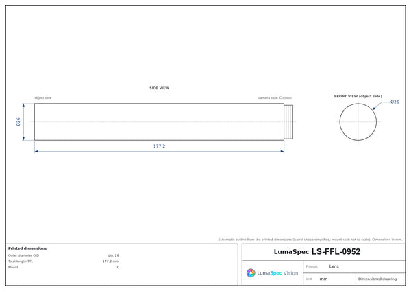 2/3", C-mount machine vision lens, 0.6x, WD 600 mm, length 177.2 mm