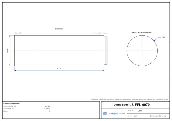 2/3", C-mount machine vision lens, 0.12x, WD 455 mm, length 81.6 mm