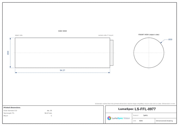 2/3", C-mount machine vision lens, 0.16x, WD 360 mm, length 94.27 mm
