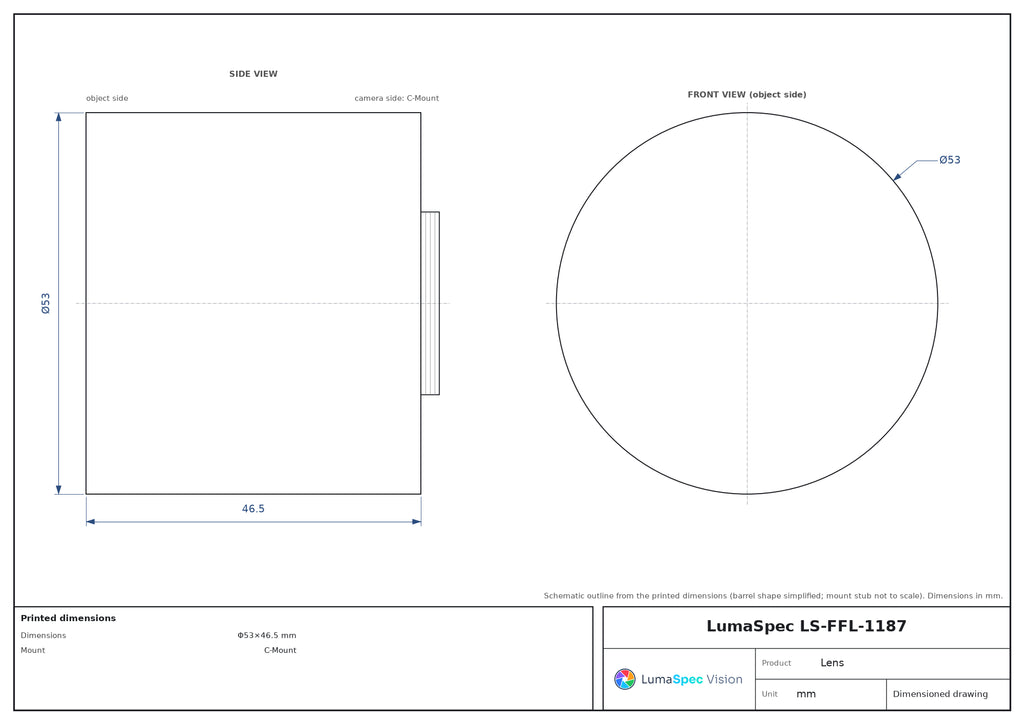 3.3 mm fisheye lens, 1", F2.4, C-mount