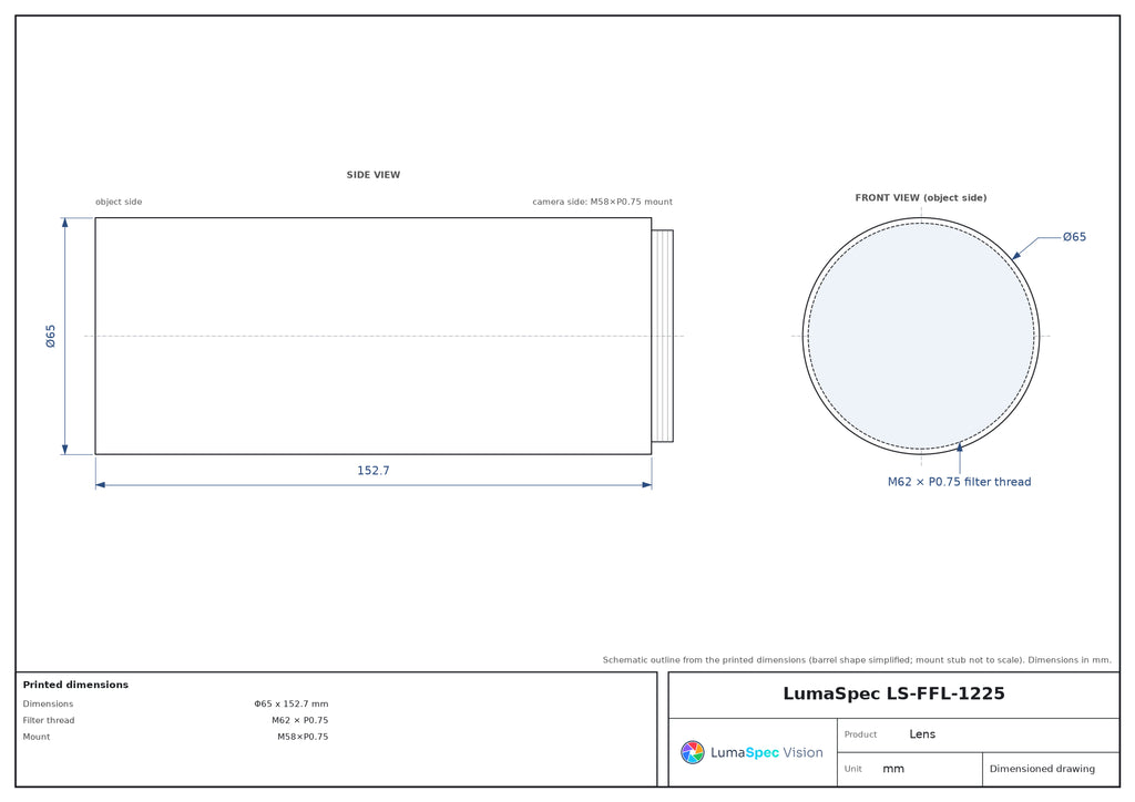 50 mm fixed focal length lens, 65 MP, M58, BFL 11.48 mm