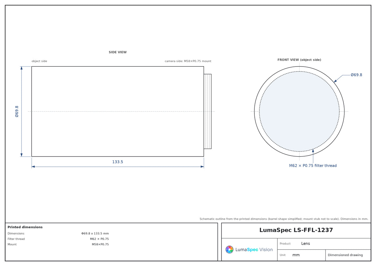 80 mm fixed focal length lens, 65 MP, M58, BFL 12 mm