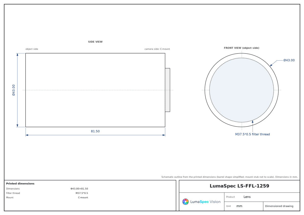 75 mm fixed focal length lens, 1", 10 MP, F2.8, C-mount