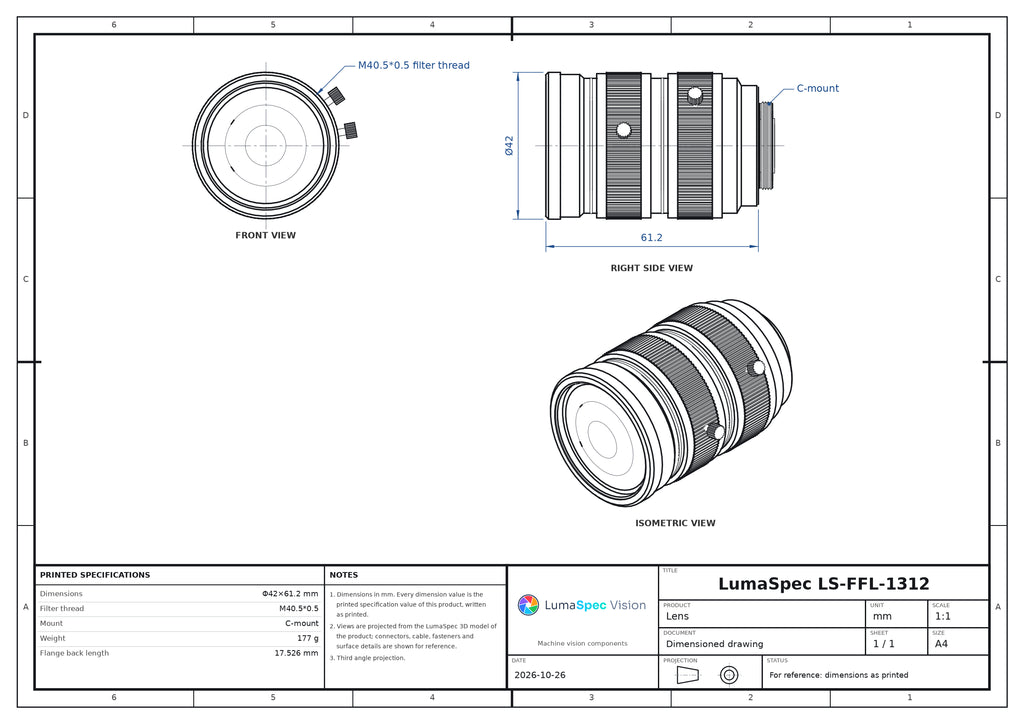 50 mm fixed focal length lens, 1.2", 25 MP, F2.4, C-mount
