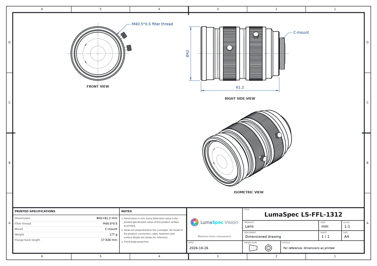50 mm fixed focal length lens, 1.2", 25 MP, F2.4, C-mount (LS-FFL-1312)
