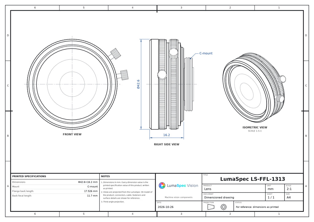 12 mm fixed focal length lens, 1.4", 45 MP, C-mount