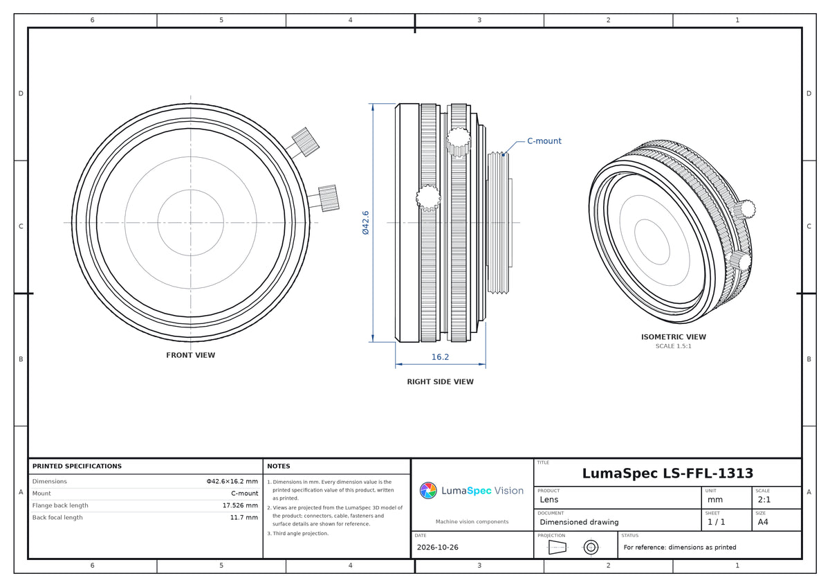 12 mm fixed focal length lens, 1.4", 45 MP, C-mount (LS-FFL-1313)