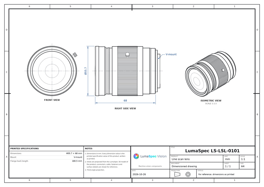 16K line scan lens, 100 mm, 0.75x, F3.8, BFL 180.5 mm