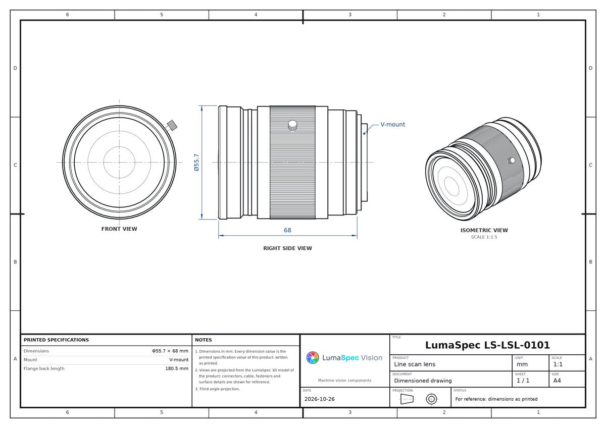16K line scan lens, 100 mm, 0.75x, F3.8, BFL 180.5 mm (LS-LSL-0101)