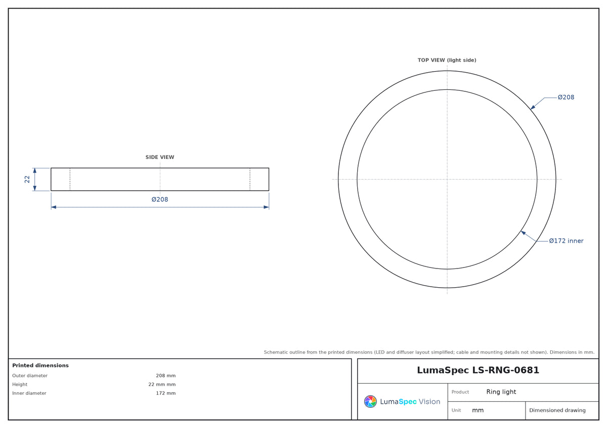 Ø208 mm low-angle ring light, 25° angle